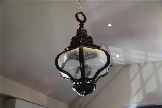 A late 19th century silvered bronze hexagonal hall lantern, drop 2ft 6in. diameter 1ft 7in.